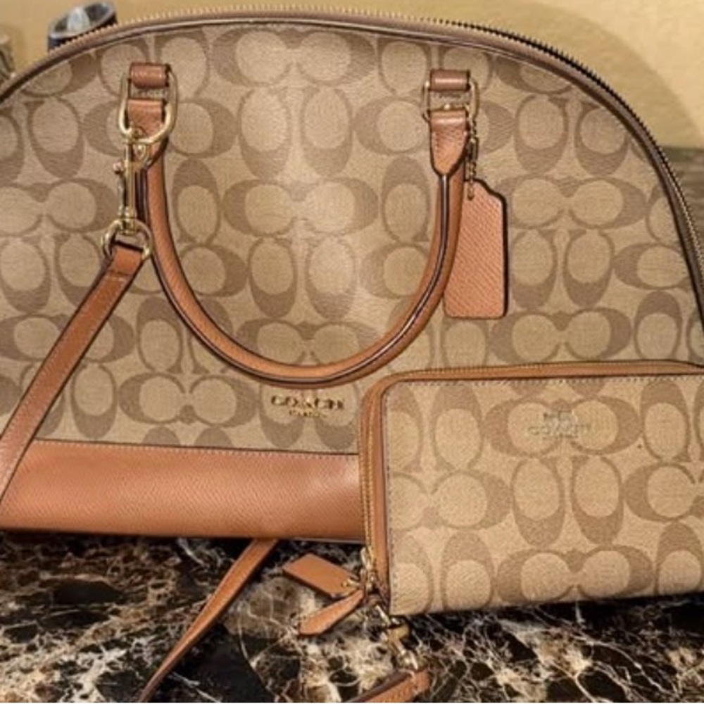 Coach Tan and Brown Signature Satchel with Wallet